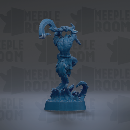 A blue figurine of a warrior-like character with a sword and shield, standing on a base and holding a shield in its hand.