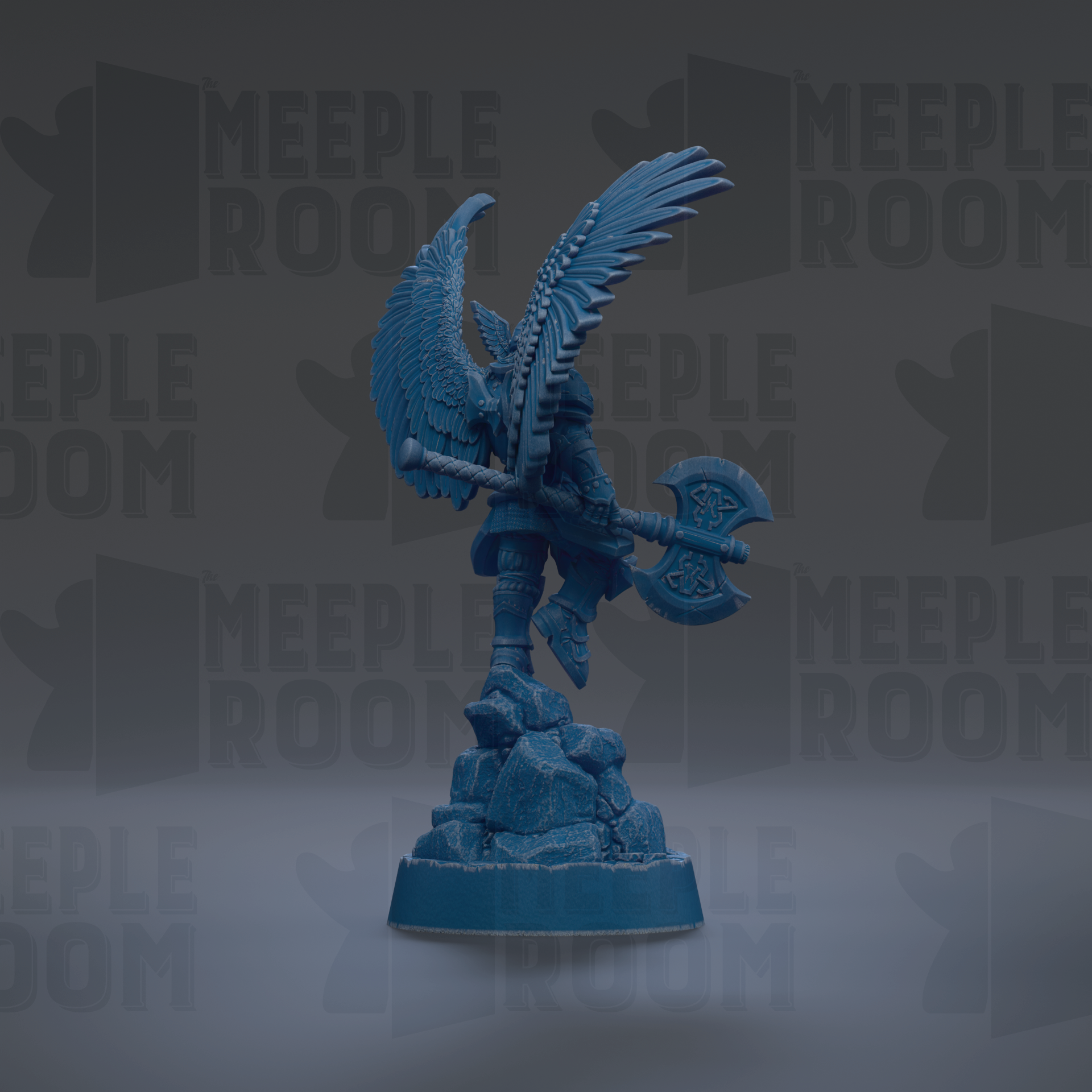 A blue figurine of a winged warrior holding a large weapon, standing on a rocky base against a dark background with repeated text.
