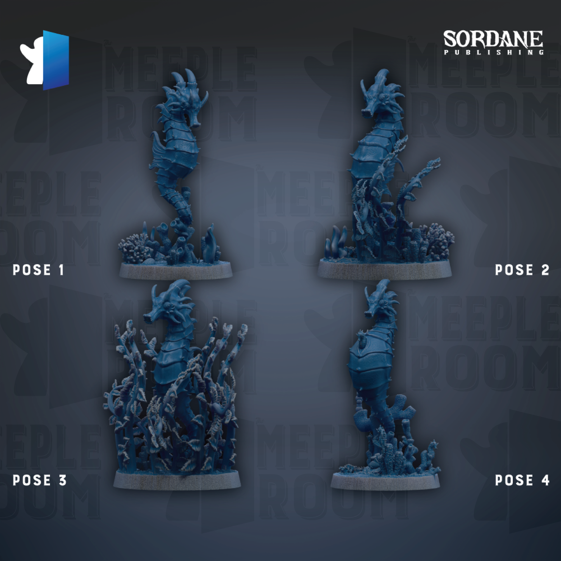 four figurines of seahorses, each in a different pose, arranged in a grid against a dark background.