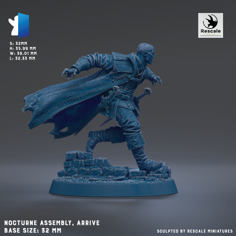 a blue figurine of a warrior figure, likely a knight or knightly character, in a dynamic pose with a sword in hand. The figurine is shown in a 3D rendering, and the base size is 32mm. The image is a 3D rendering of a warrior figure, and it is described as a "NECTURNE ASSEMBLY, ARRIVE" with a base size of 32mm. The image is described as being "Sculpted by RESCALE MINIATURES".