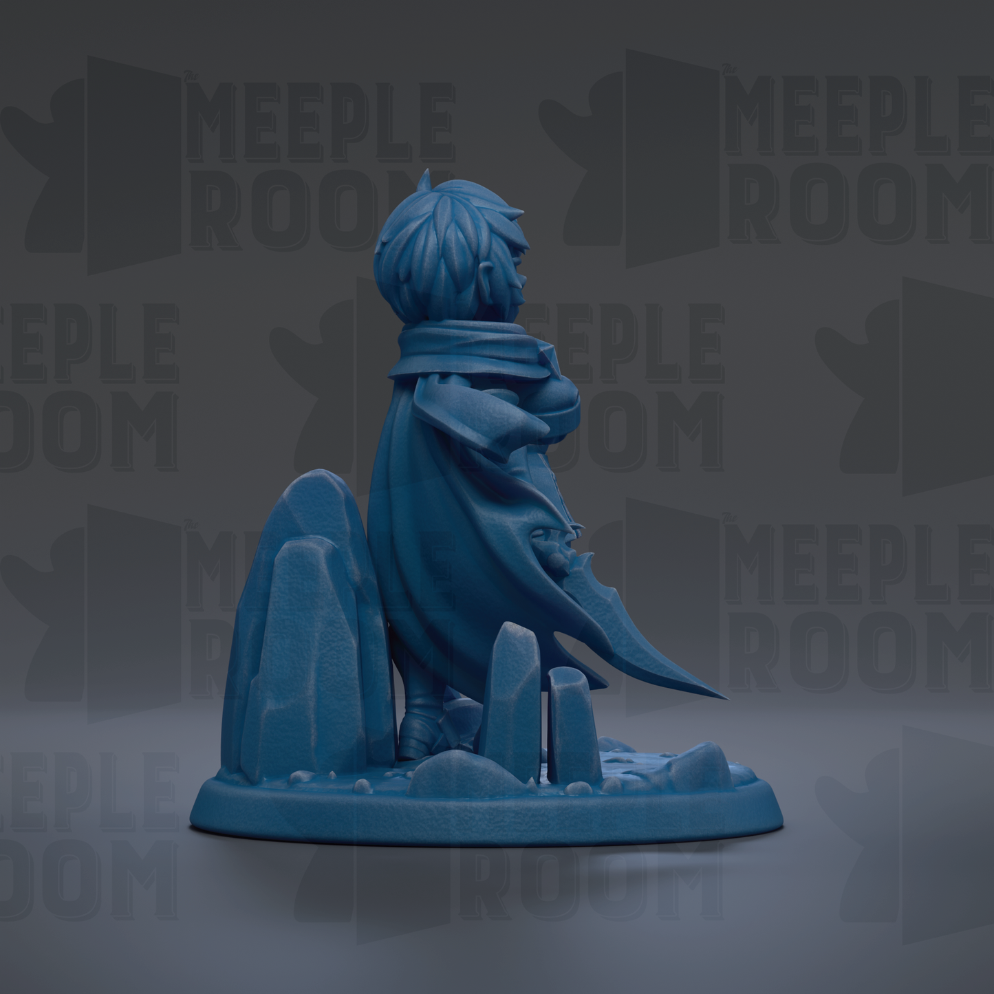 A blue figurine of a person standing on a rock formation against a dark background.