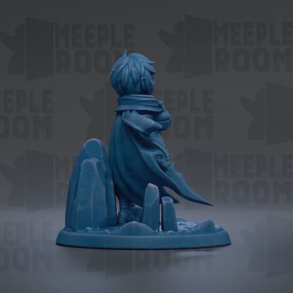 A blue figurine of a person standing on a rock formation against a dark background.