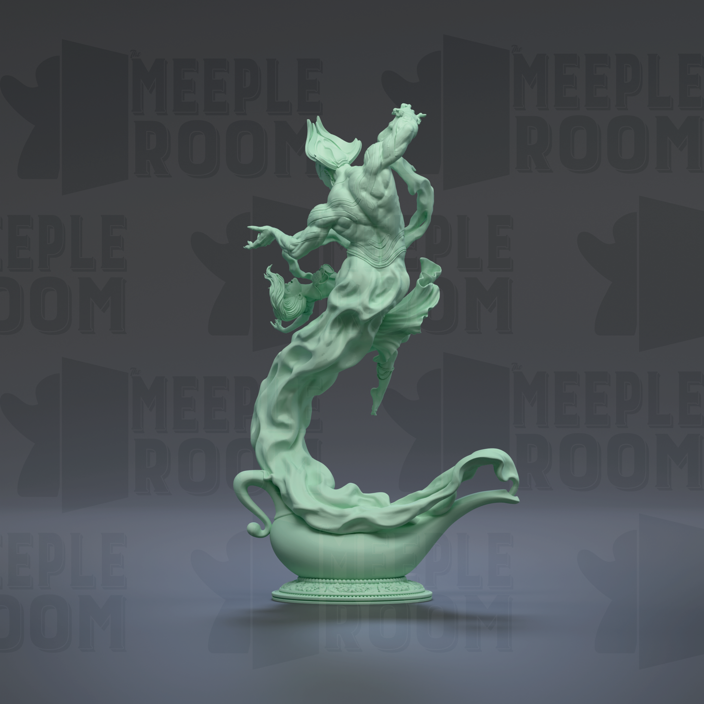 A 3D rendering of a green, abstract statue with flowing, organic shapes and a dynamic pose, set against a dark background with repeated text.