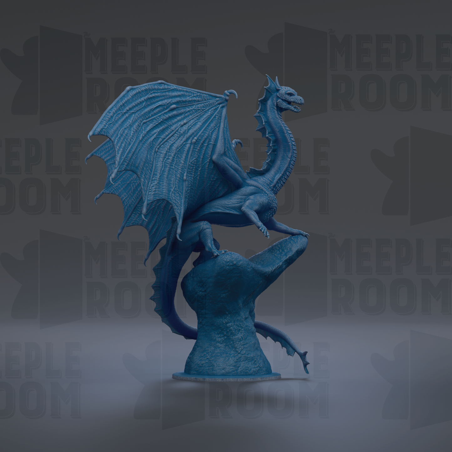 A blue dragon statue with outstretched wings stands on a rock against a dark background.