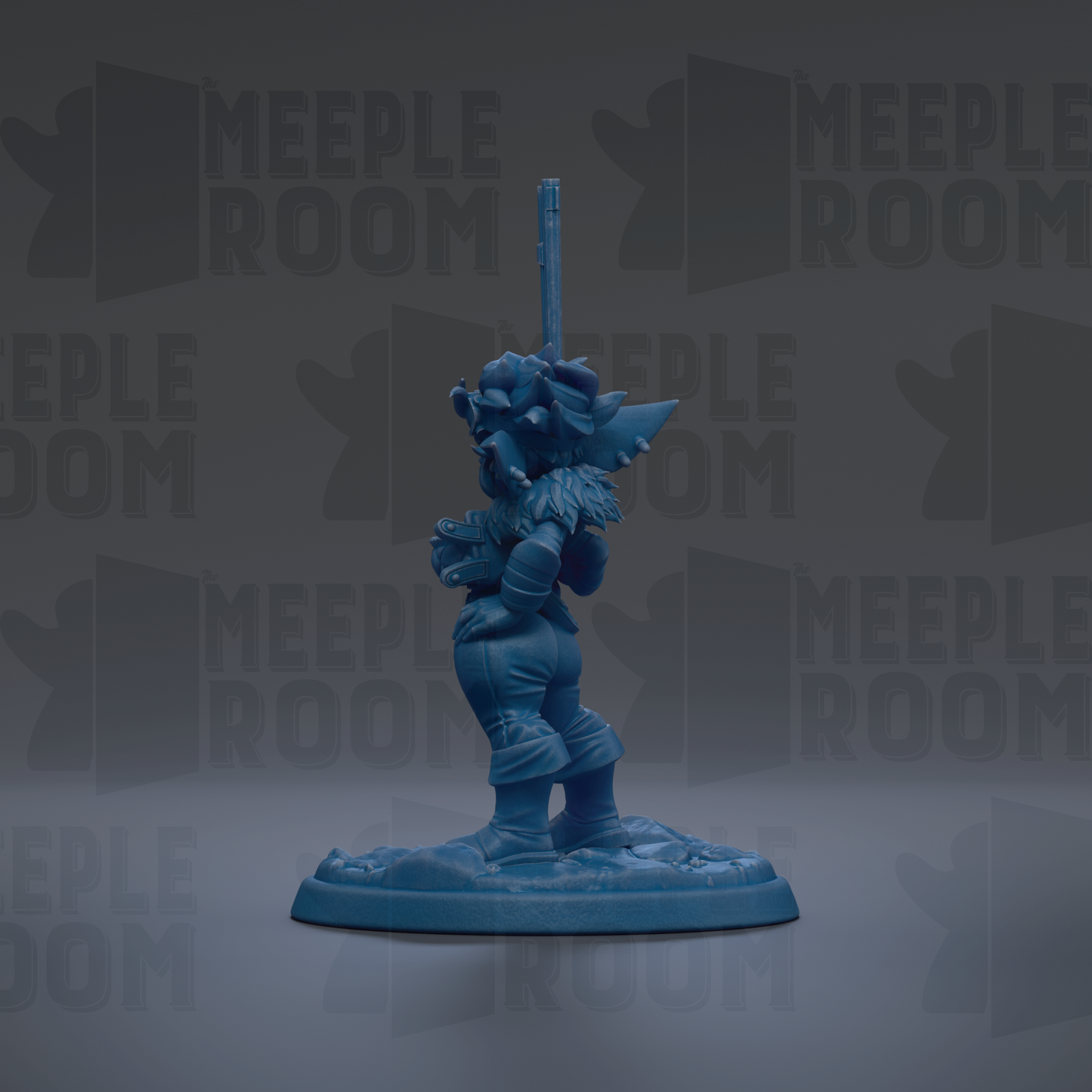 A blue figurine of a character with a sword stands on a base against a dark background with repeated "MEIPLLE ROOM" text.