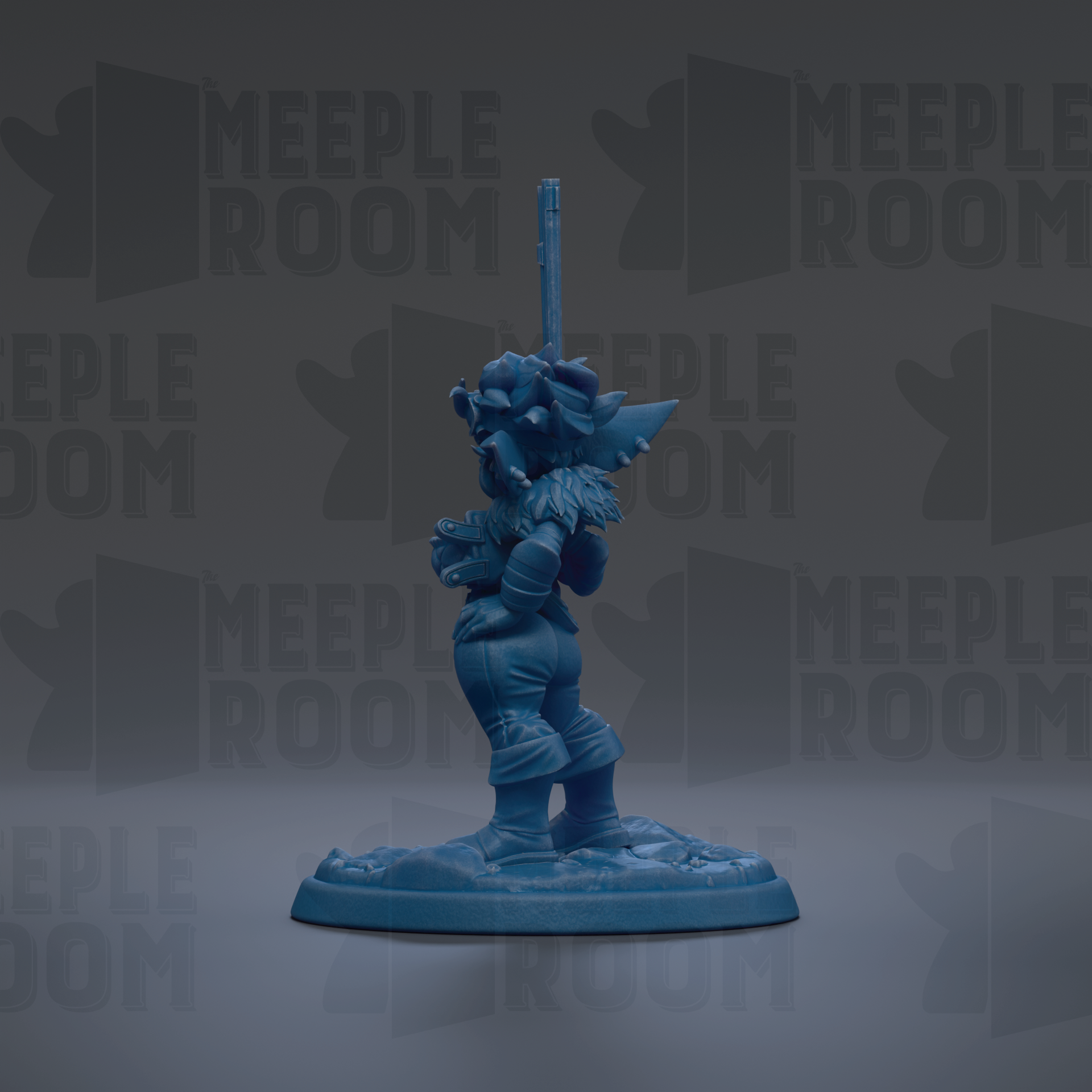 A blue figurine of a character with a sword stands on a base against a dark background with repeated "MEIPLLE ROOM" text.