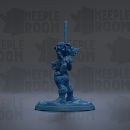 A blue figurine of a character with a sword stands on a base against a dark background with repeated "MEIPLLE ROOM" text.
