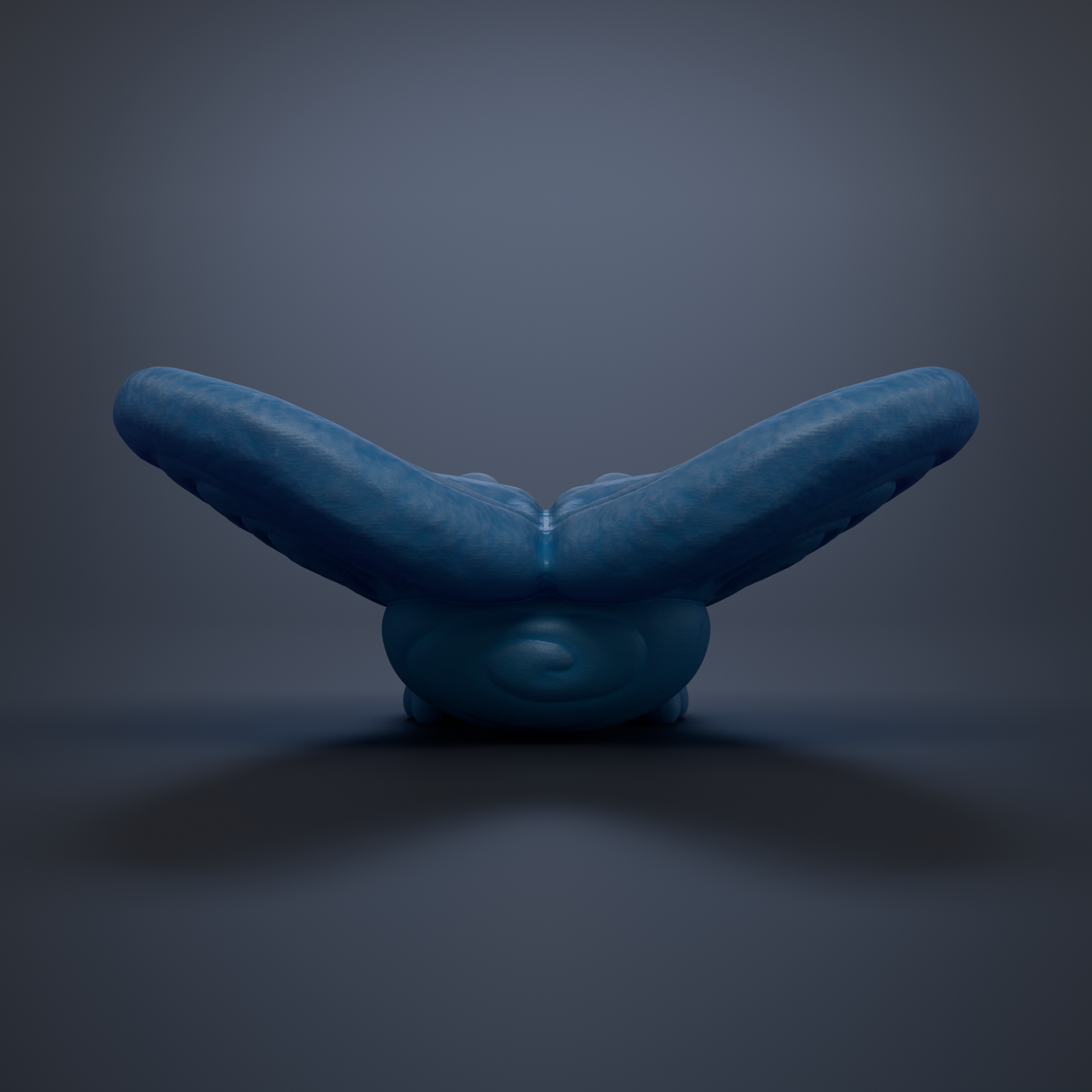 A blue, curved object resembling a bird or sea creature is shown against a dark background.