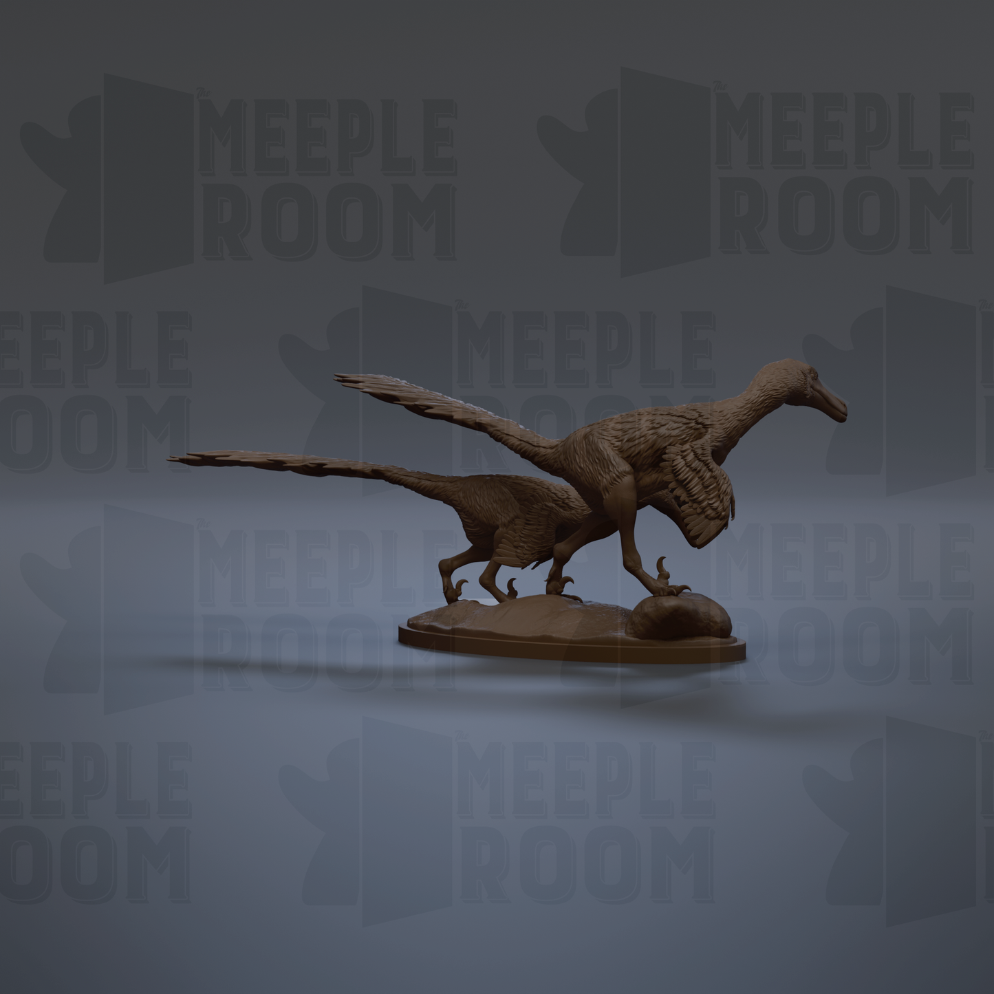 A 3D model of a dinosaur, possibly a meek dinosaur, is shown against a dark background with repeated text.