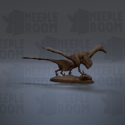 A 3D model of a dinosaur, possibly a meek dinosaur, is shown against a dark background with repeated text.