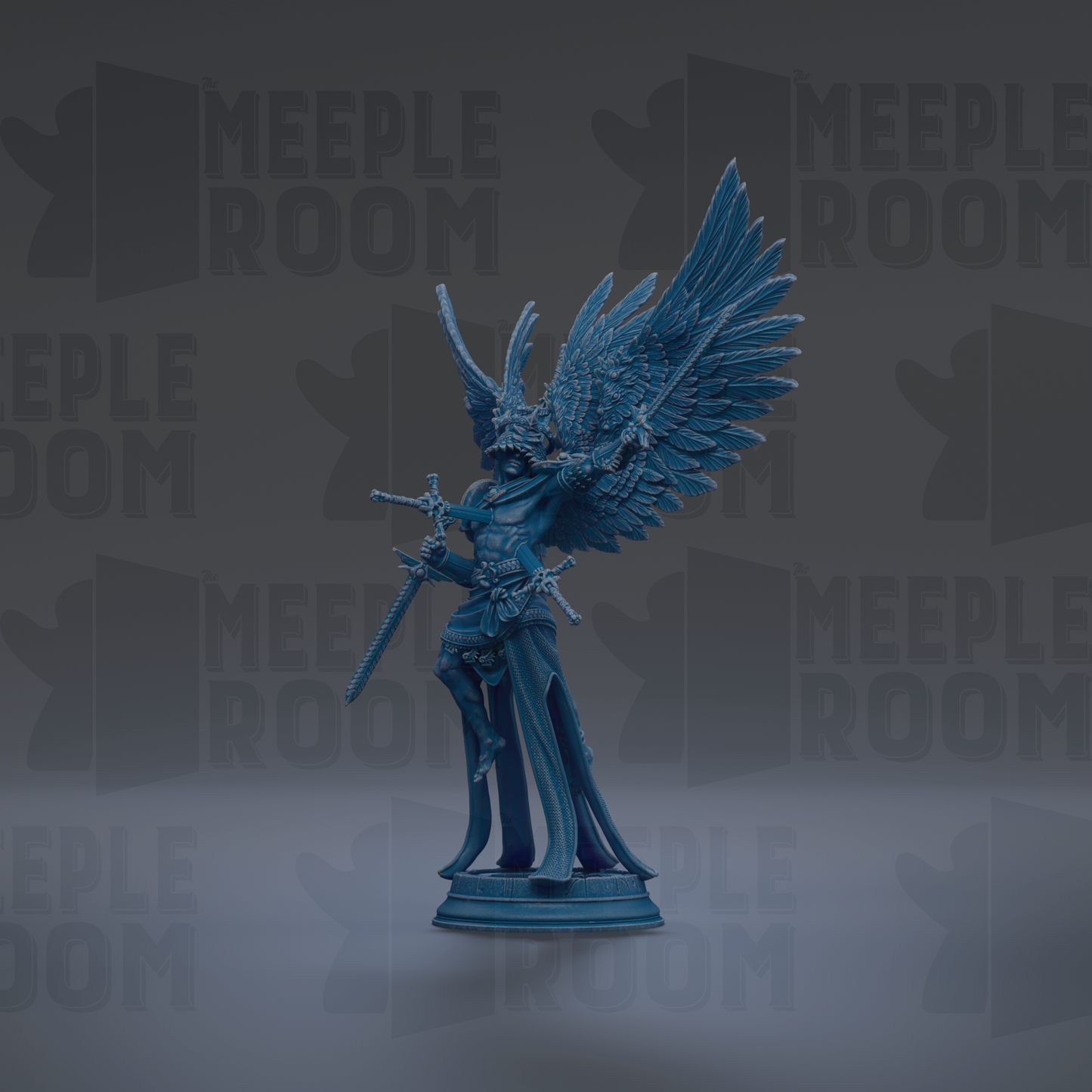 A blue statue of a winged figure holding a sword stands prominently against a dark background with repeated "MEIPLE ROOM" text.