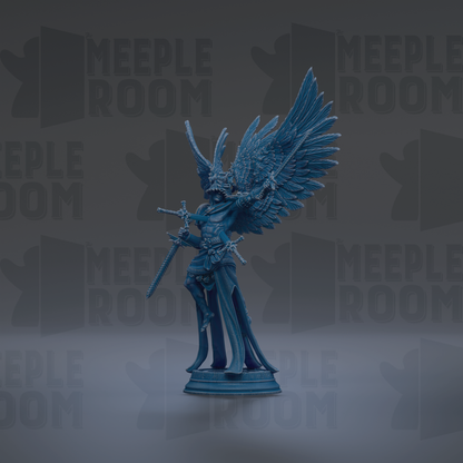 A blue statue of a winged figure holding a sword stands prominently against a dark background with repeated "MEIPLE ROOM" text.