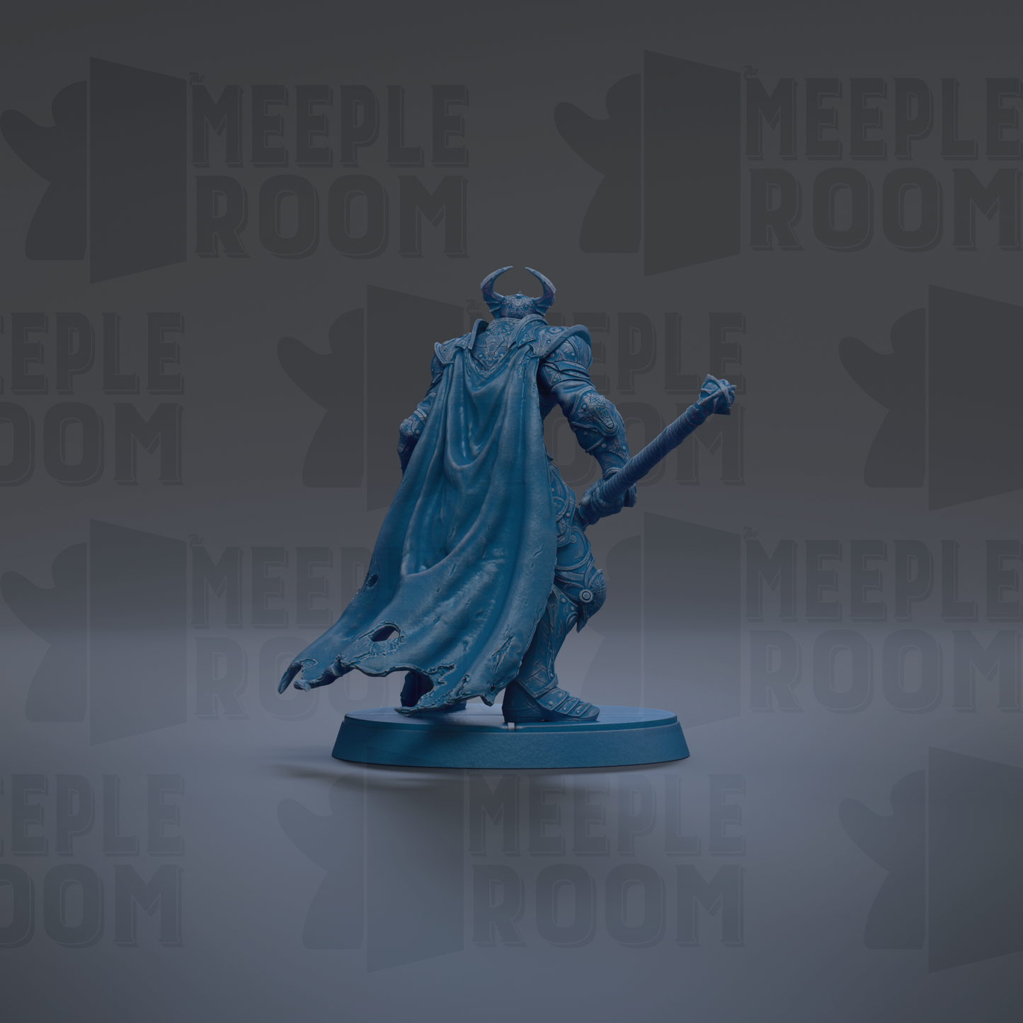 A blue figurine of a warrior standing on a pedestal, holding a sword and wearing a cape.