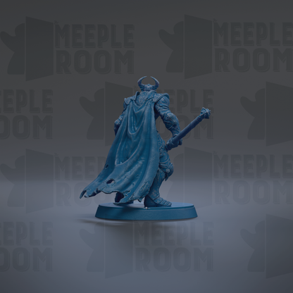 A blue figurine of a warrior standing on a pedestal, holding a sword and wearing a cape.