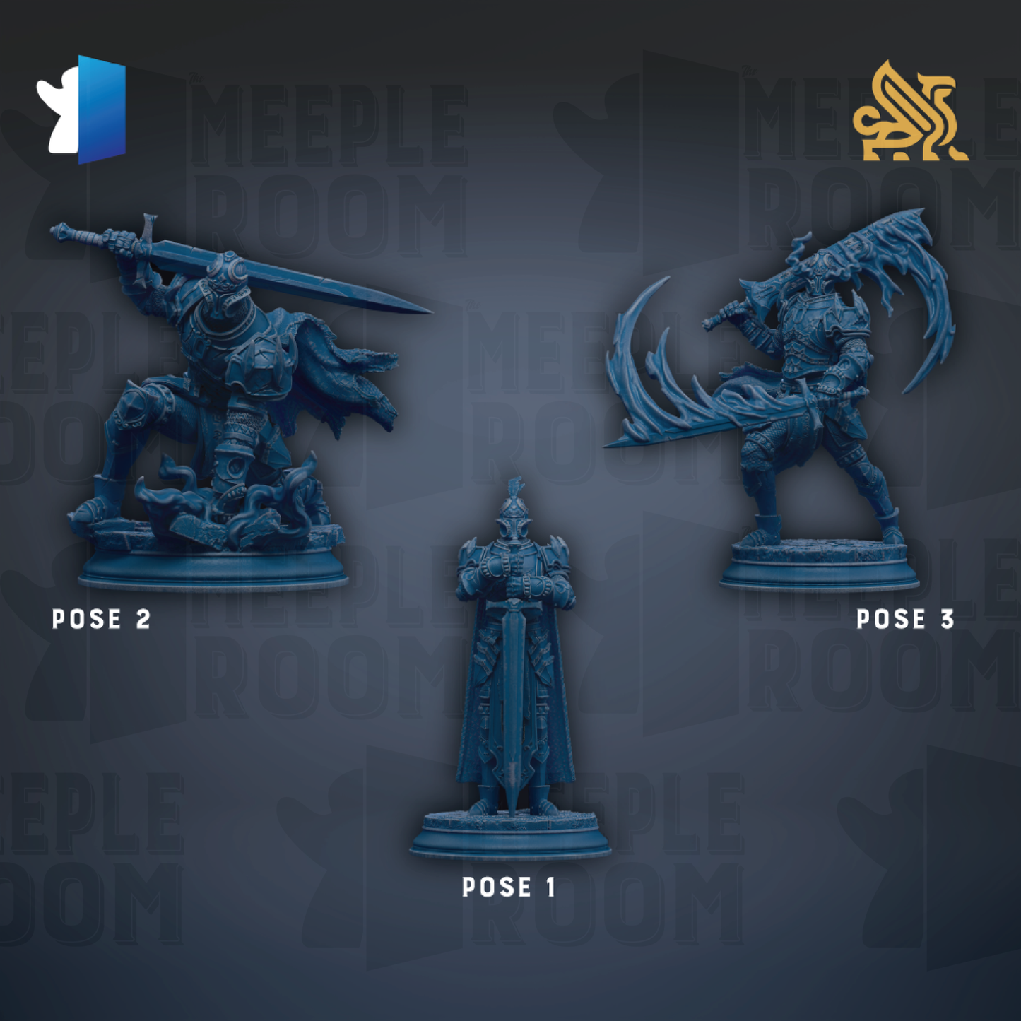three blue figurines of characters, each with unique poses and weapons, arranged against a dark background.