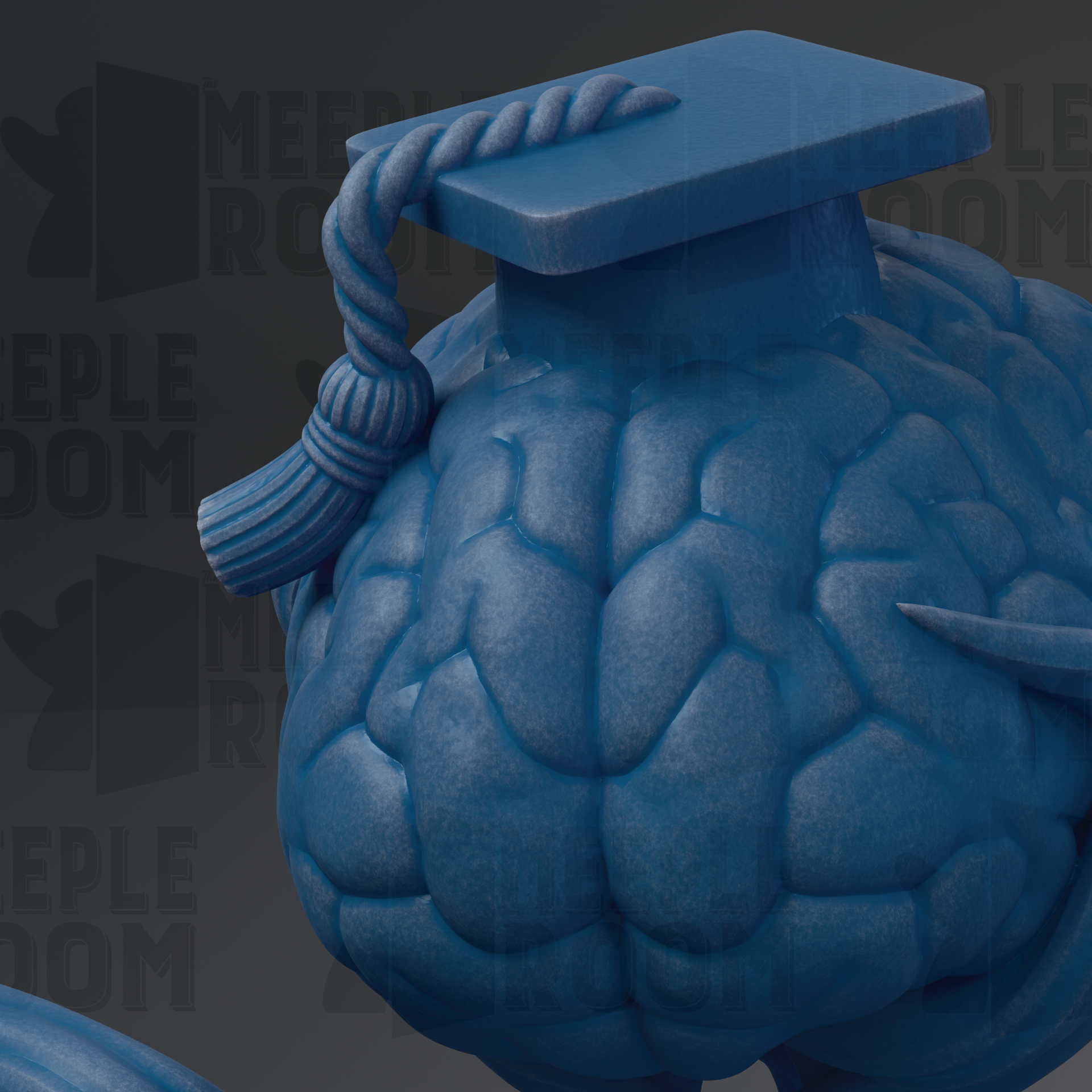 A 3D rendering of a blue brain with a graduation cap on top, set against a dark background with the text "MEEPLOOOM" repeated multiple times.
