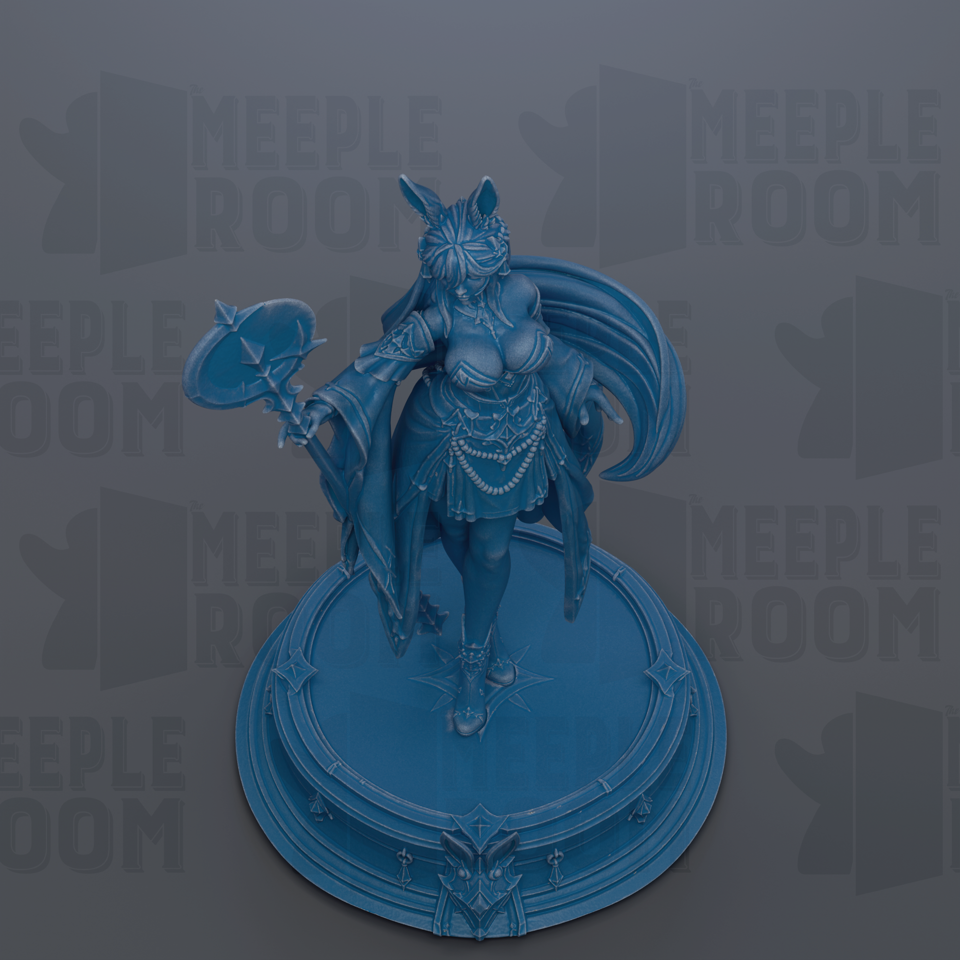 A blue figurine of a woman with a large headdress and flowing hair, standing on a circular base.