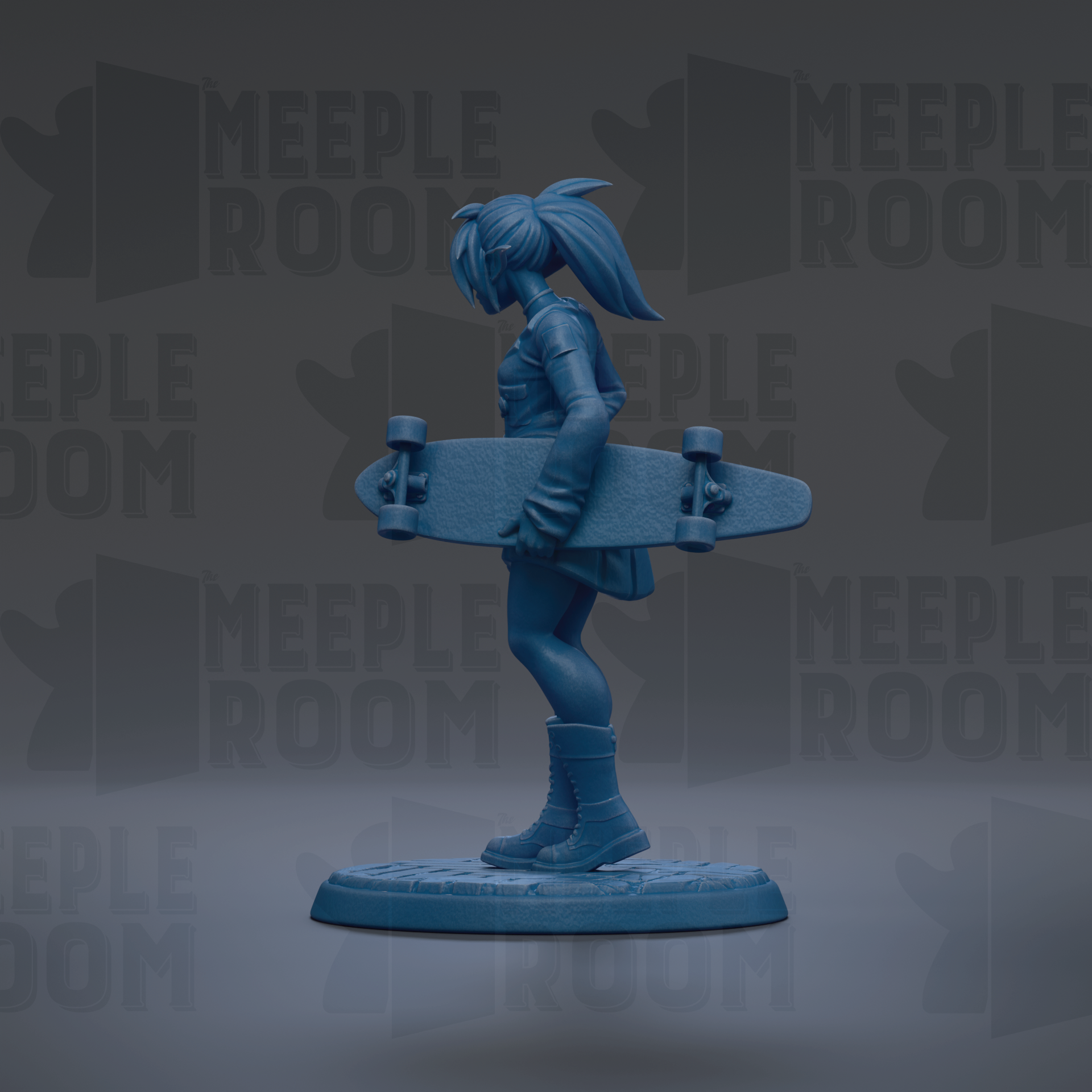 A blue figurine of a person holding a skateboard against a dark background with repeated text.