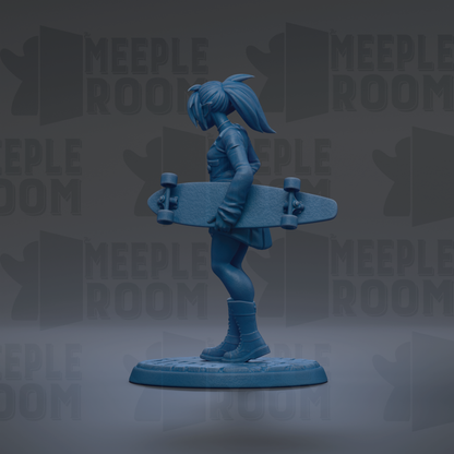 A blue figurine of a person holding a skateboard against a dark background with repeated text.