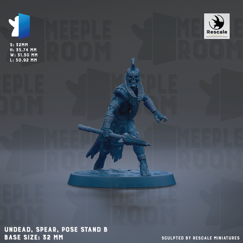 a figurine of a warrior standing on a base, holding a spear and sword. The figurine is described as being "UNDEAD, SPEAR, POSE STAND B" and has a base size of "32mm". The image is a collage of multiple images, and the phrase "The image depicts" is not used.
