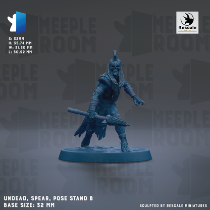 a figurine of a warrior standing on a base, holding a spear and sword. The figurine is described as being "UNDEAD, SPEAR, POSE STAND B" and has a base size of "32mm". The image is a collage of multiple images, and the phrase "The image depicts" is not used.