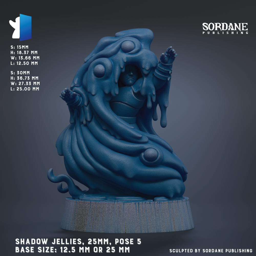The image is a 3D rendering of a blue, liquid-like figure with a large head and a smaller body, resembling a jellyfish or a monster. The figure is positioned on a wooden base, and the image is described as a "Shadow Jellies" with a base size of 25mm or 25mm.