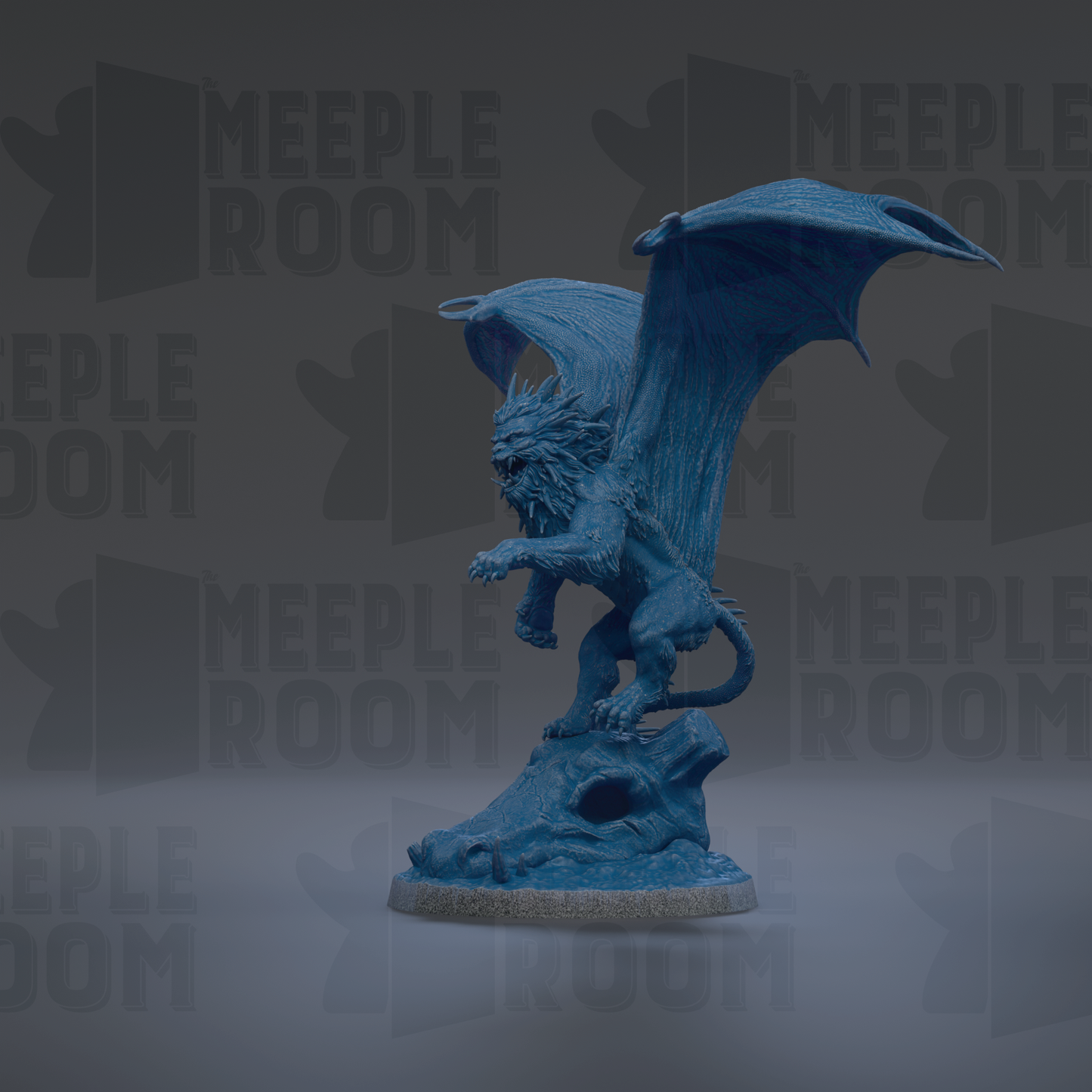 A blue dragon statue with wings spread, standing on a rock.