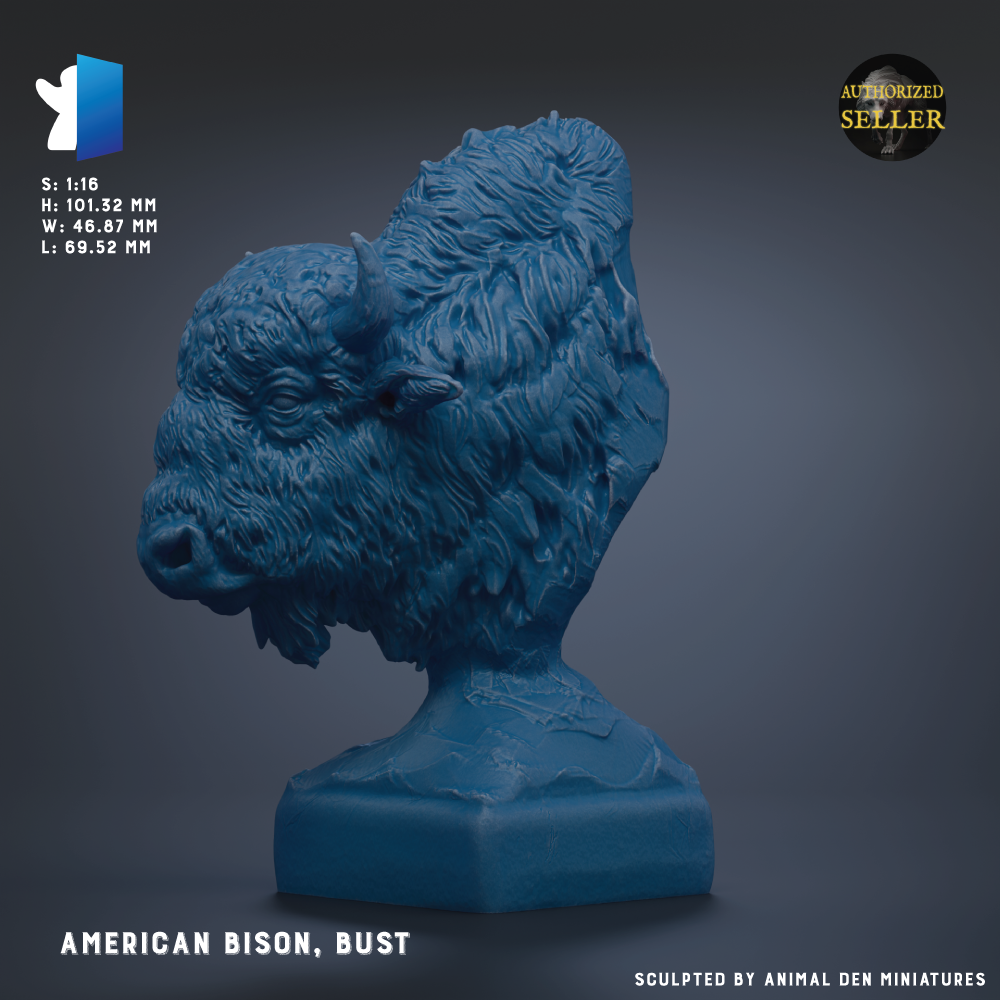 a blue bust of an American bison, also known as a buffalo, with a textured and detailed appearance.