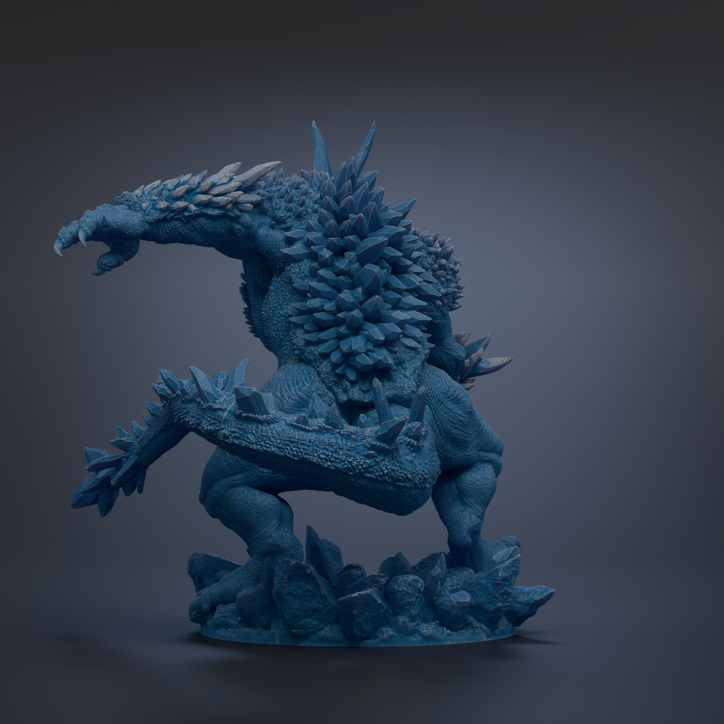 A detailed 3D model of a blue, spiky creature with sharp teeth and claws, standing on a rocky base.