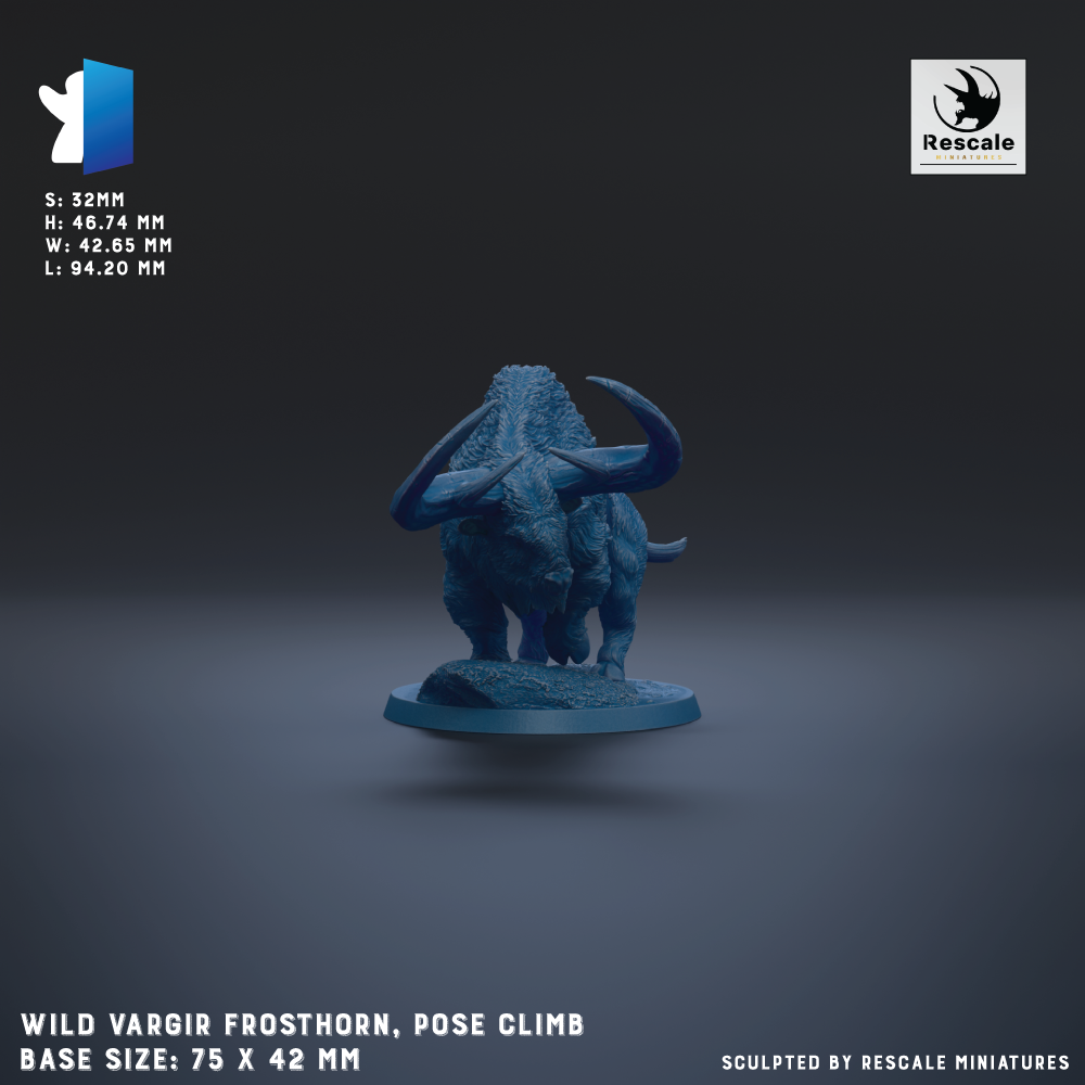 a figurine of a wild vargir frothorn, a type of dinosaur, posed on a base. The figurine is shown in a standing position with its horns and tail visible. The base size of the figurine is 75 x 42 mm. The image is a sculpture by Rescue miniatures.
