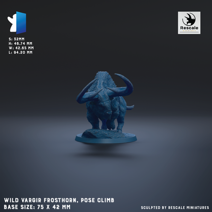 a figurine of a wild vargir frothorn, a type of dinosaur, posed on a base. The figurine is shown in a standing position with its horns and tail visible. The base size of the figurine is 75 x 42 mm. The image is a sculpture by Rescue miniatures.