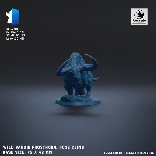 a figurine of a wild vargir frothorn, a type of dinosaur, posed on a base. The figurine is shown in a standing position with its horns and tail visible. The base size of the figurine is 75 x 42 mm. The image is a sculpture by Rescue miniatures.