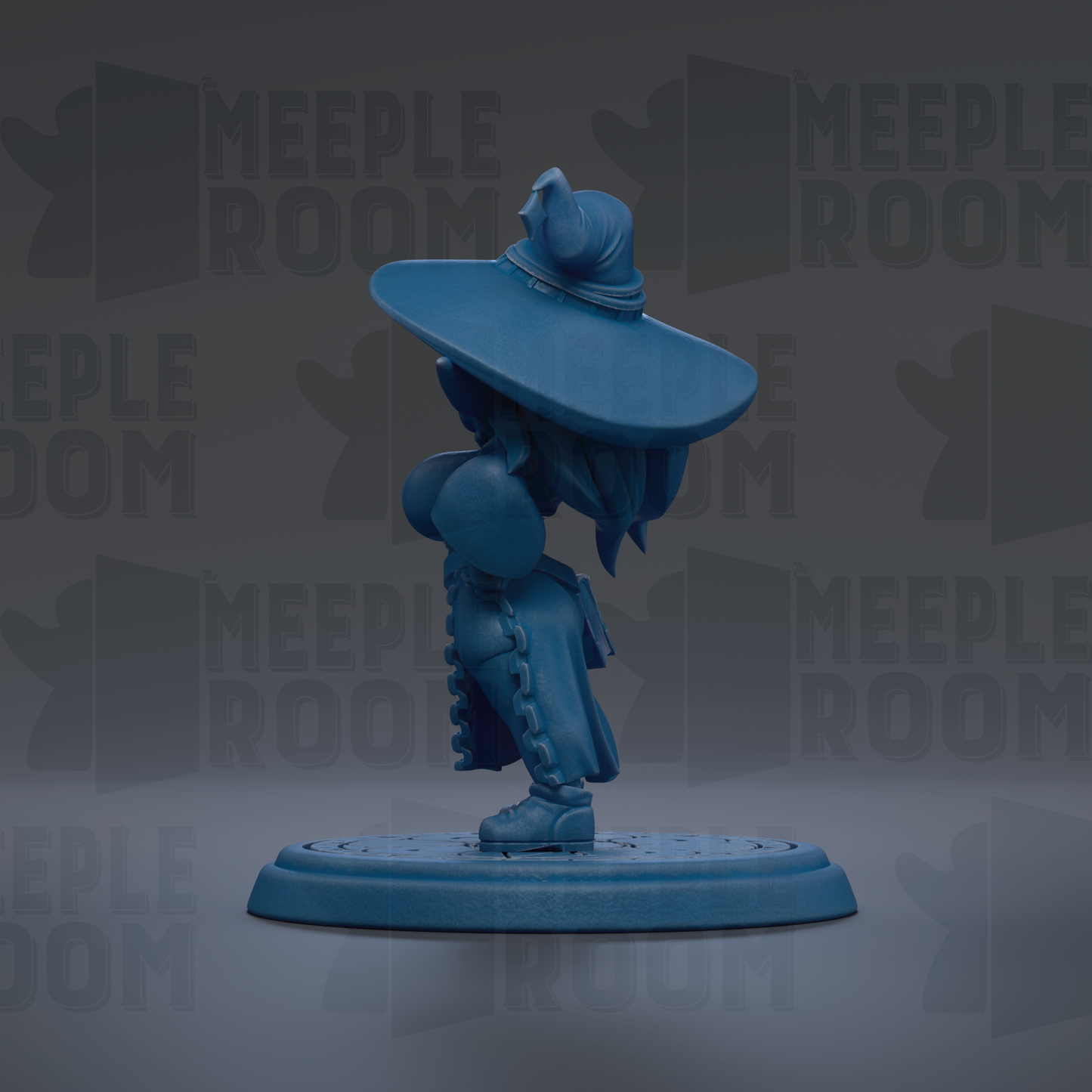 A blue figurine of a character wearing a large hat and holding a shield, standing on a platform against a dark background with repeated text.