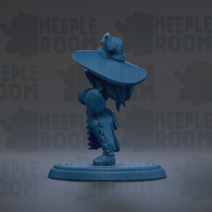 A blue figurine of a character wearing a large hat and holding a shield, standing on a platform against a dark background with repeated text.