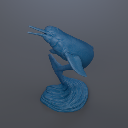 A blue plastic toy fish figurine is shown against a gray background.