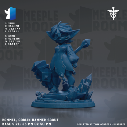 a blue figurine of a pomelo, a type of magical staff, and a hammer, which appears to be a weapon. The figurine is standing on a base and is described as a "pomelo, goblin hammer scout" and "base size: 25mm or 50mm". The background of the image is a dark blue color with the words "MEELPLE ROOM" repeated multiple times.