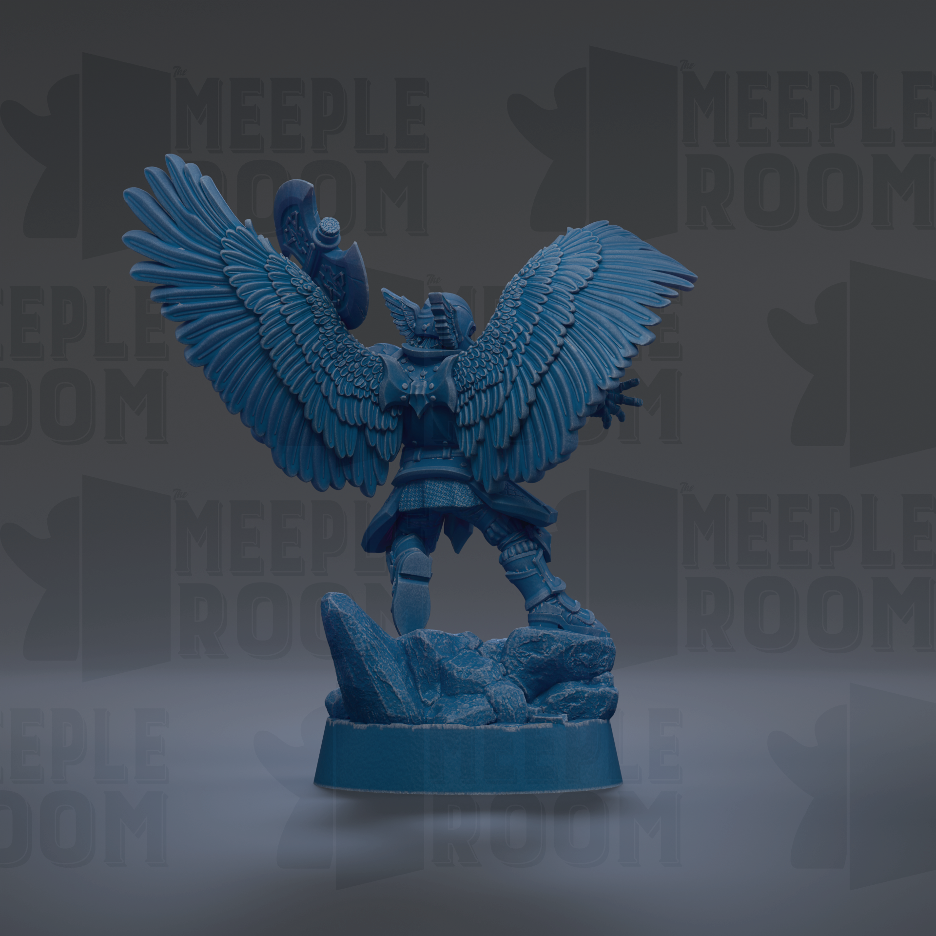 A blue figurine of a winged warrior standing on a rock, with a shield in hand, against a dark background with repeated text.