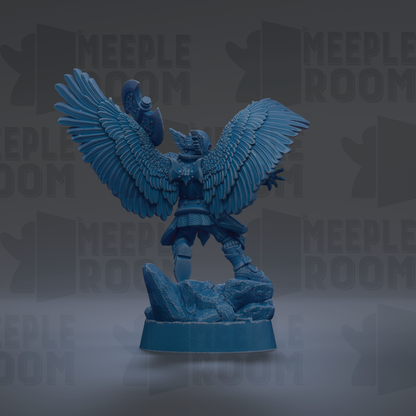 A blue figurine of a winged warrior standing on a rock, with a shield in hand, against a dark background with repeated text.