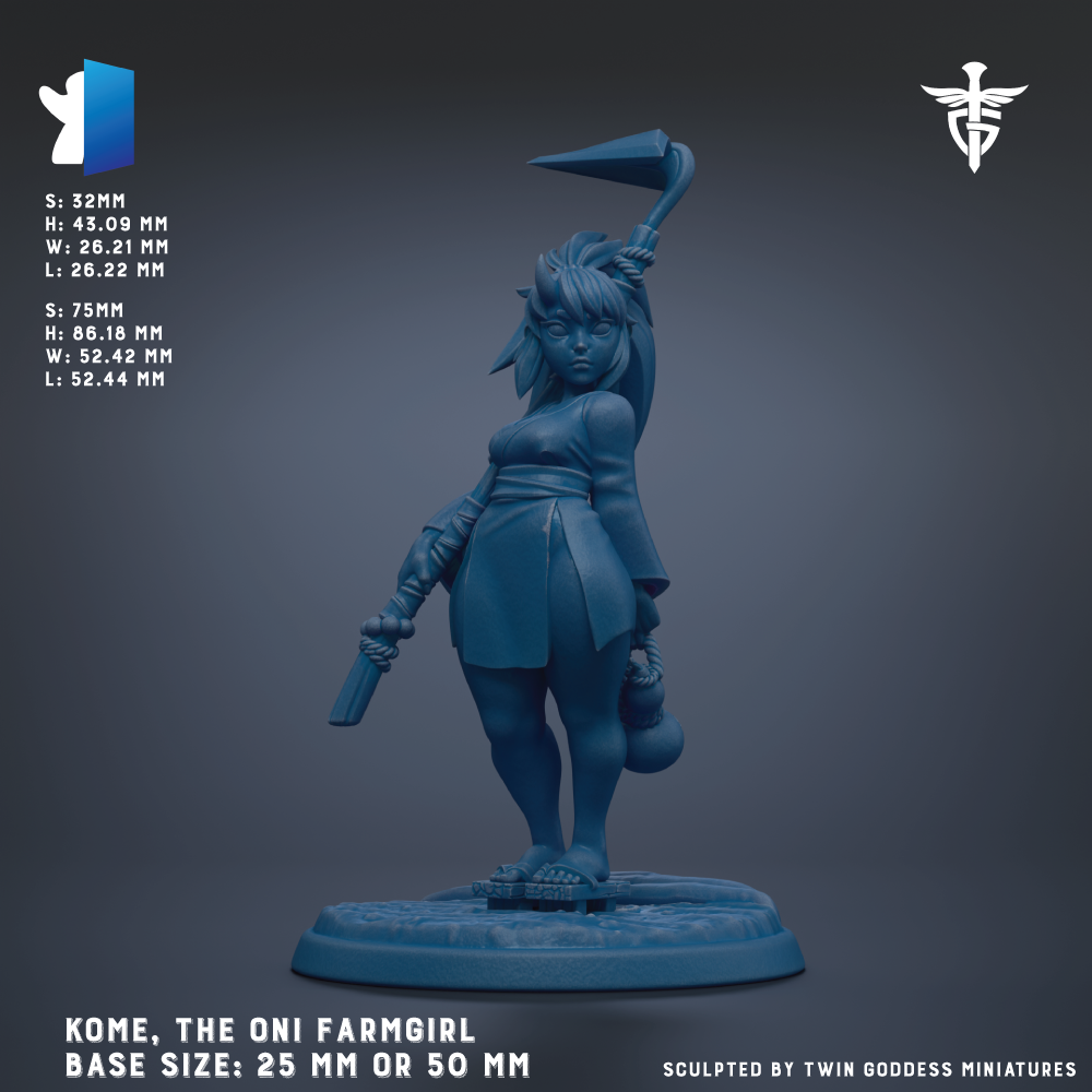 The image is a 3D model of a female character, specifically a farmgirl, with a blue color scheme. The character is depicted in a standing position, holding a weapon and a bag. The image is labeled with the name "Kome, The Oni Farmgirl" and the base sizes are 25 mm or 50 mm. The image is described as being sculpted by "Twin goddesses" and is part of a collection of images.