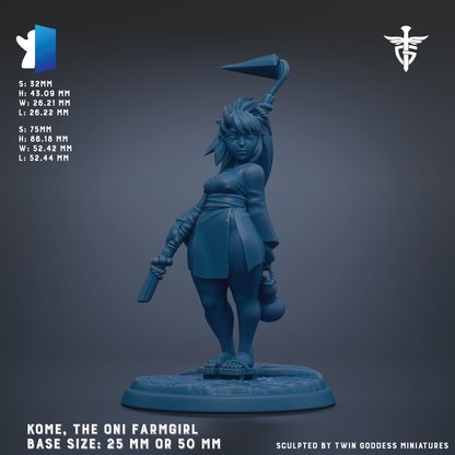 The image is a 3D model of a female character, specifically a farmgirl, with a blue color scheme. The character is depicted in a standing position, holding a weapon and a bag. The image is labeled with the name "Kome, The Oni Farmgirl" and the base sizes are 25 mm or 50 mm. The image is described as being sculpted by "Twin goddesses" and is part of a collection of images.