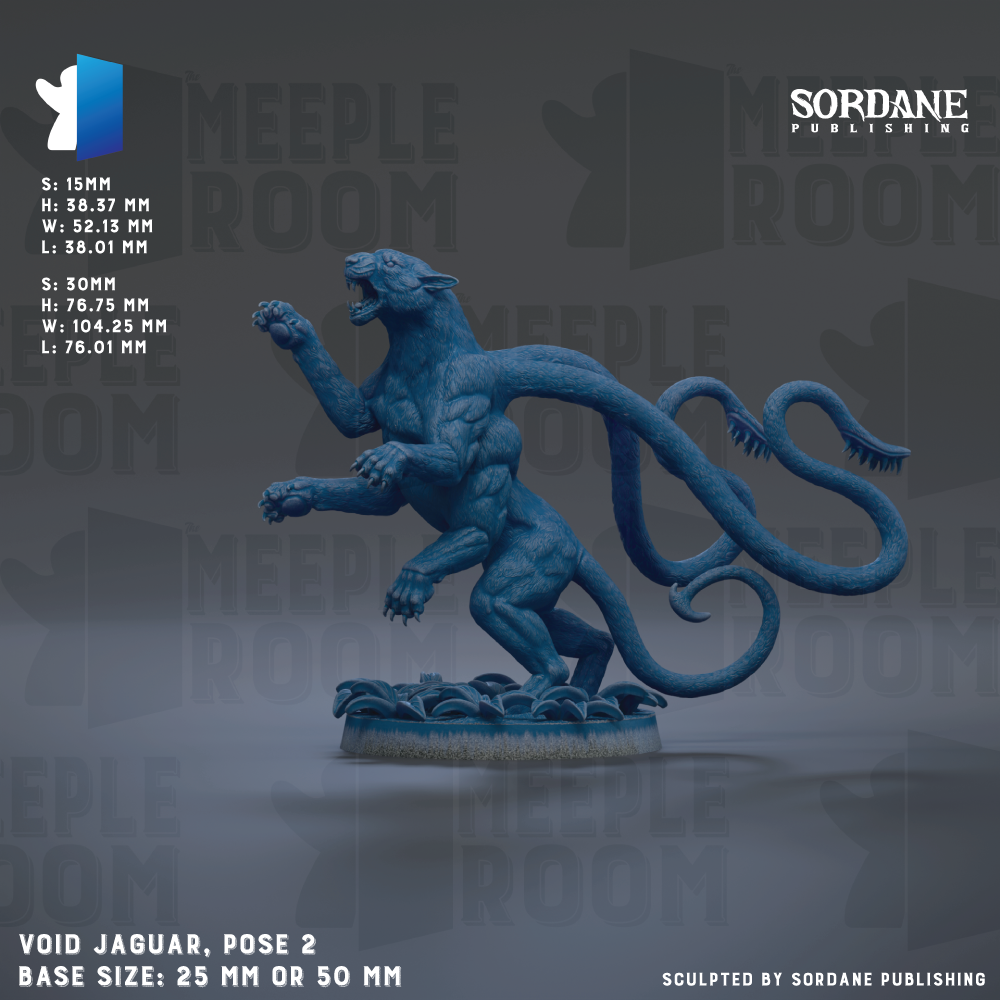 The image is a 3D rendering of a blue jaguar statue, with the base size being either 25mm or 50mm. The statue is posed in a dynamic, fighting stance, with its mouth open and claws extended. The background is a dark gray color, which contrasts with the blue of the statue and makes it stand out. The image does not contain any text or additional objects, and the focus is solely on the statue and its pose.