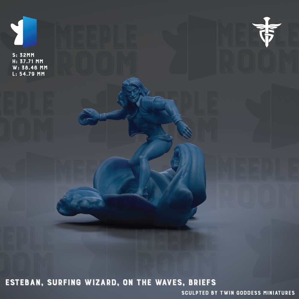 The image is a 3D rendering of a figurine of a surfer, specifically a character named Esteban, who is depicted riding a wave. The figurine is shown in a dynamic pose, with the surfer's arms outstretched and body leaning forward. The background of the image is a dark gray color, which contrasts with the blue color of the surfer's figure. The image is a collage of multiple images, and it is described as a "meadow of figurines" and "meadow of figurines" in the provided text.