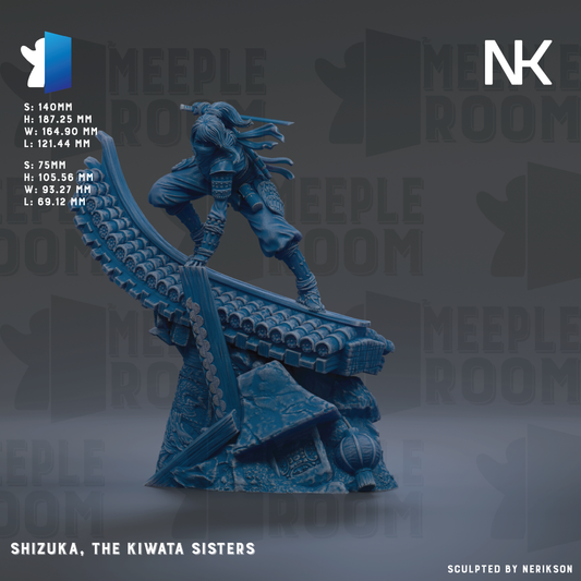 a figurine of Shizuka, the Kiwata Sisters, posed on a platform with a sword in hand.