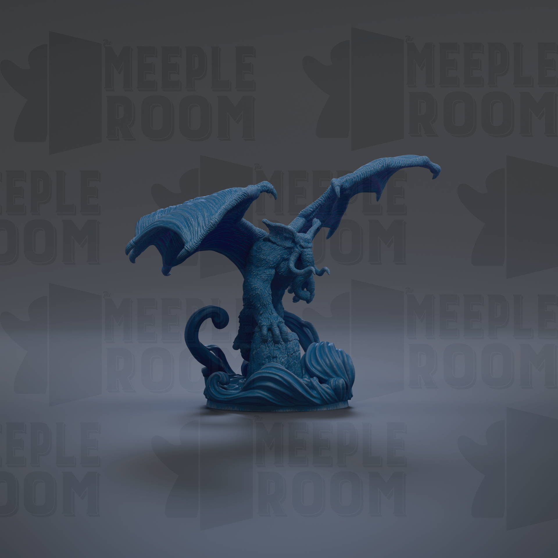 A blue dragon figurine with wings spread, sitting on a surface against a dark background with repeated text.