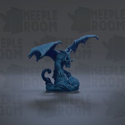 A blue dragon figurine with wings spread, sitting on a surface against a dark background with repeated text.