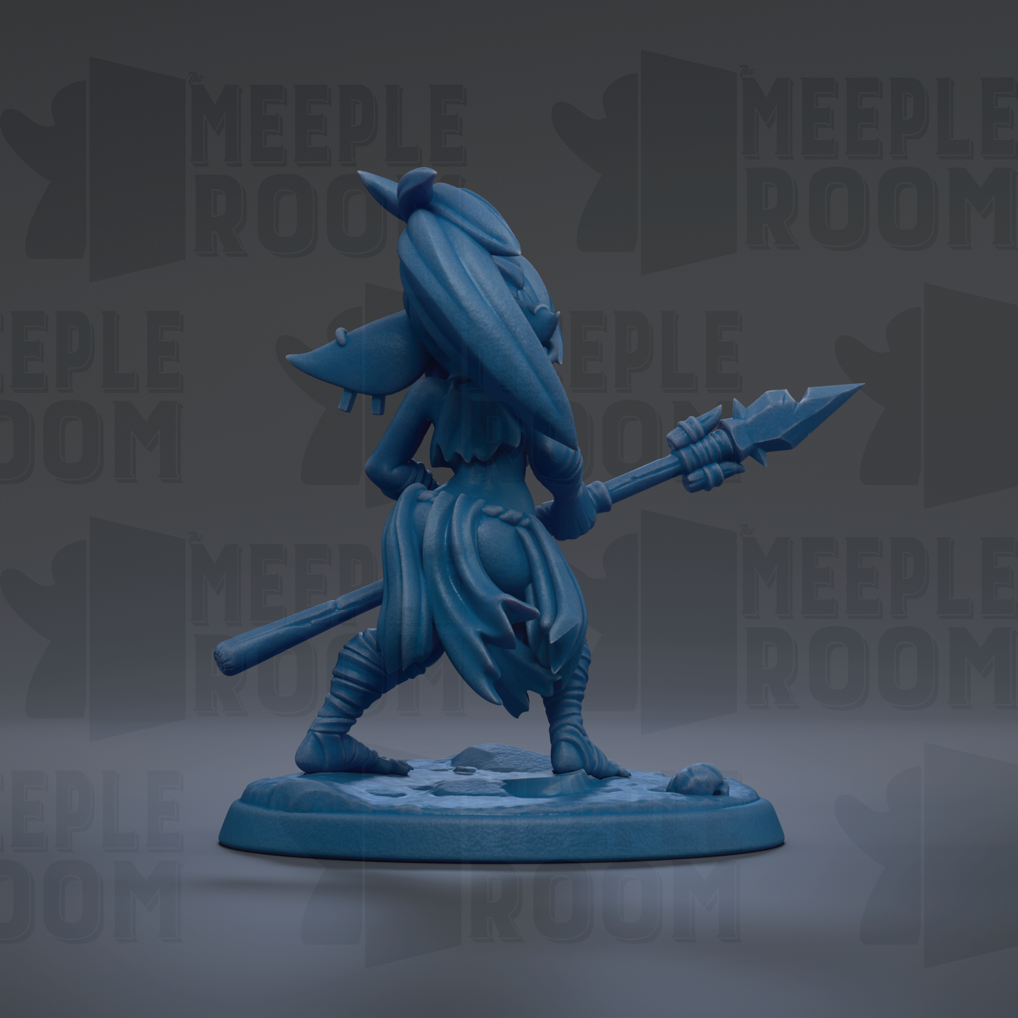 A blue figurine of a warrior wielding a spear and shield, standing on a base.