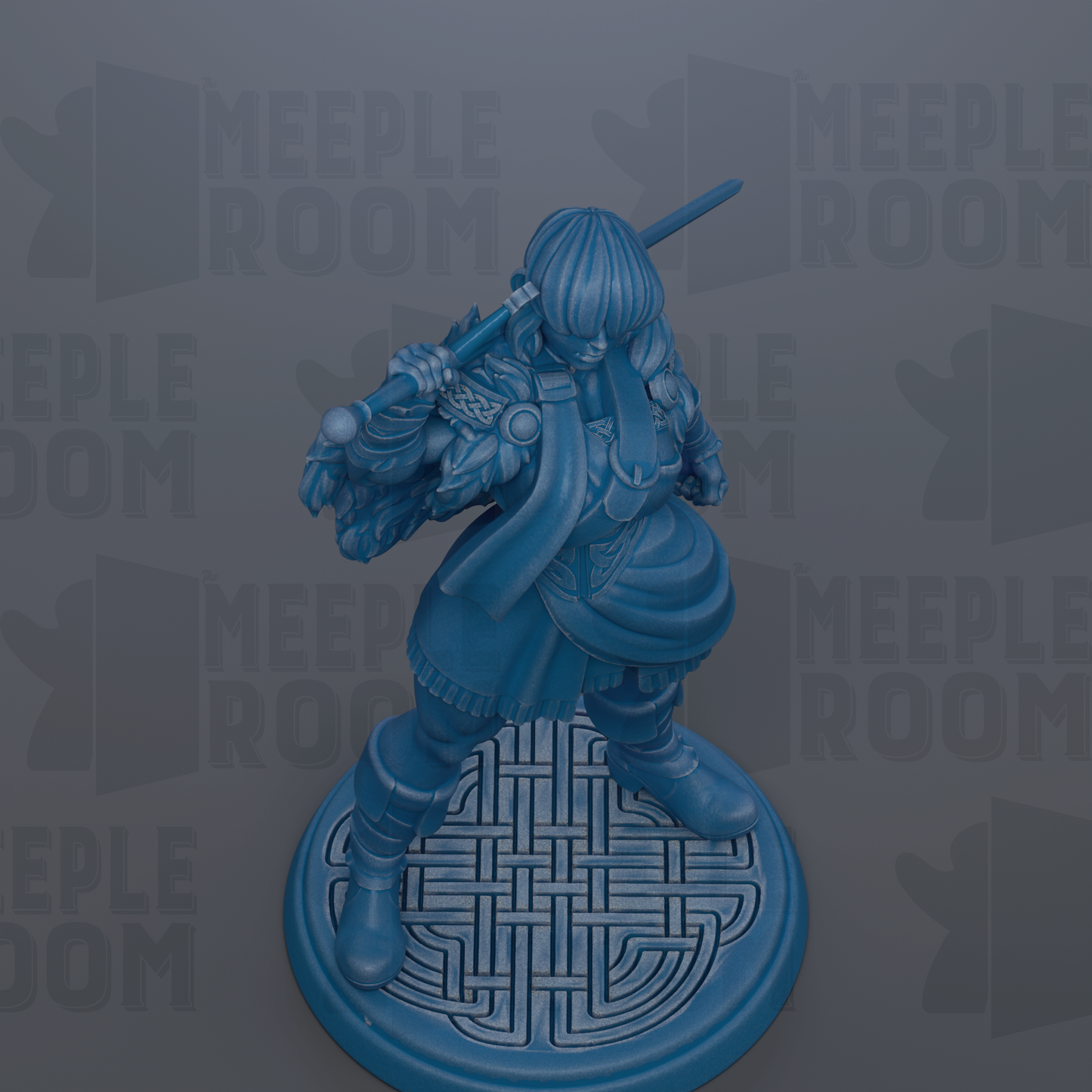 A blue figurine of a warrior standing on a circular base with a geometric pattern.
