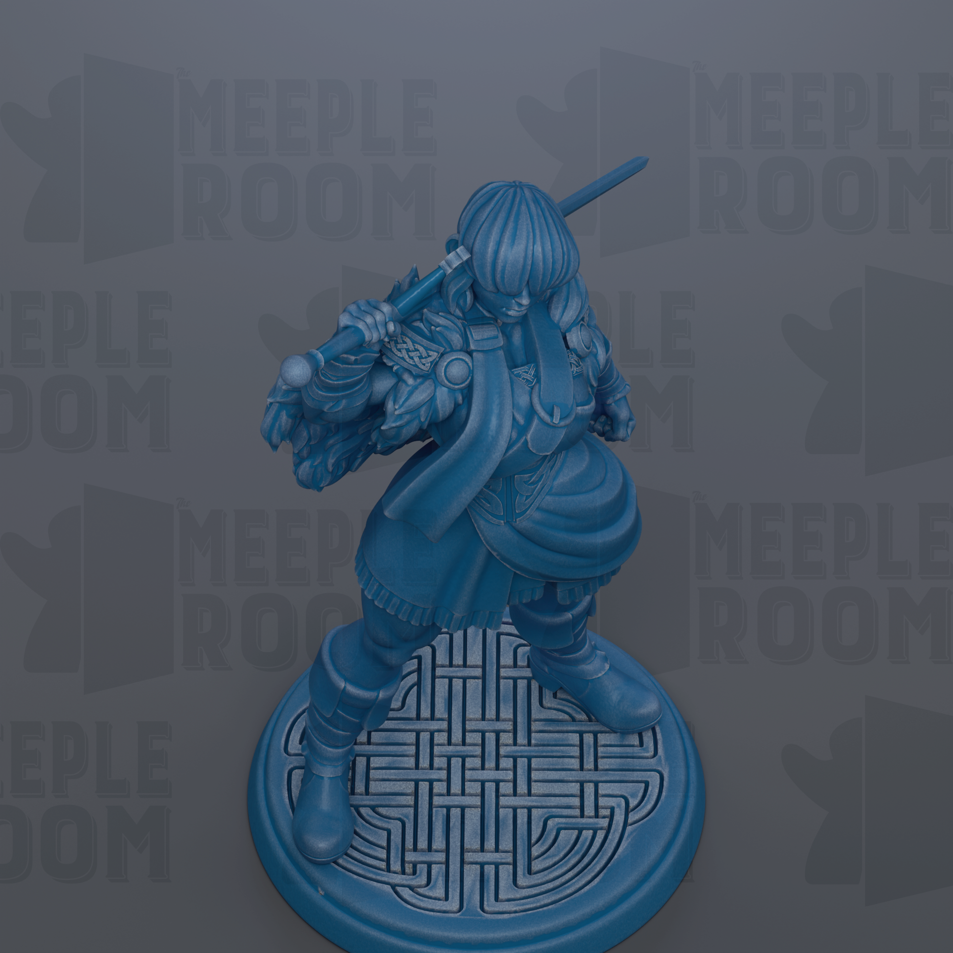 A blue figurine of a warrior standing on a circular base with a geometric pattern.