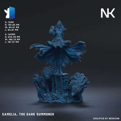 The image is a 3D rendering of a figurine of a dark-skinned woman with a flowing dress, standing on a pedestal and holding a weapon. The figurine is set against a dark background, and the image is described as being a "Nek" model. The figurine is titled "Camelia, The Dark Sorcerer".