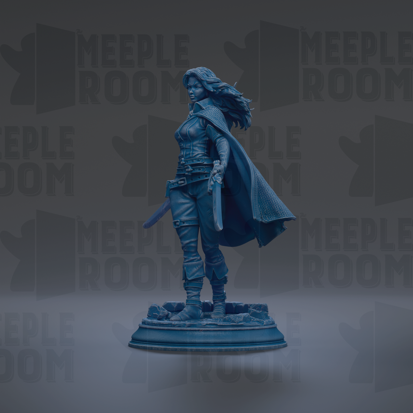 A statue of a woman with long hair and a cape, holding a sword, standing on a pedestal against a dark background with repeated text.